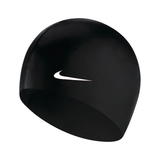 Black swim cap with a white logo on a white background
