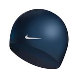 Blue swim cap with a white Nike logo on a white background