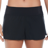 Black shorts worn by a person on a white background