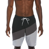 Black, gray, and white swim shorts with a drawstring on a white background