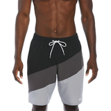 Black, gray, and white swim shorts with a drawstring on a white background