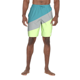 Color-blocked swim shorts with blue, gray, and yellow sections on a white background
