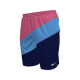 Color-blocked shorts with pink, blue, and navy sections on a white background