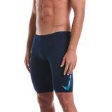 Navy swim shorts with a blue logo on a white background