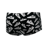 Black boxer briefs with white sneaker pattern on a white background