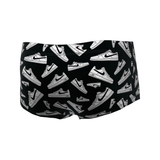 Black boxer briefs with white sneaker pattern on a white background