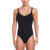 Black swimsuit worn by a model on a white background