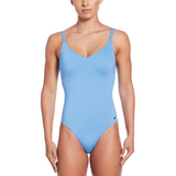 Woman wearing a light blue swimsuit on a white background