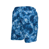 Blue tie-dye shorts with a brand logo on a white background