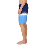 Blue and white tie-dye swim shorts with a Nike logo on a white background