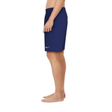 Person wearing blue Nike shorts on a white background
