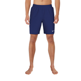Person wearing blue shorts with a Nike logo on a white background