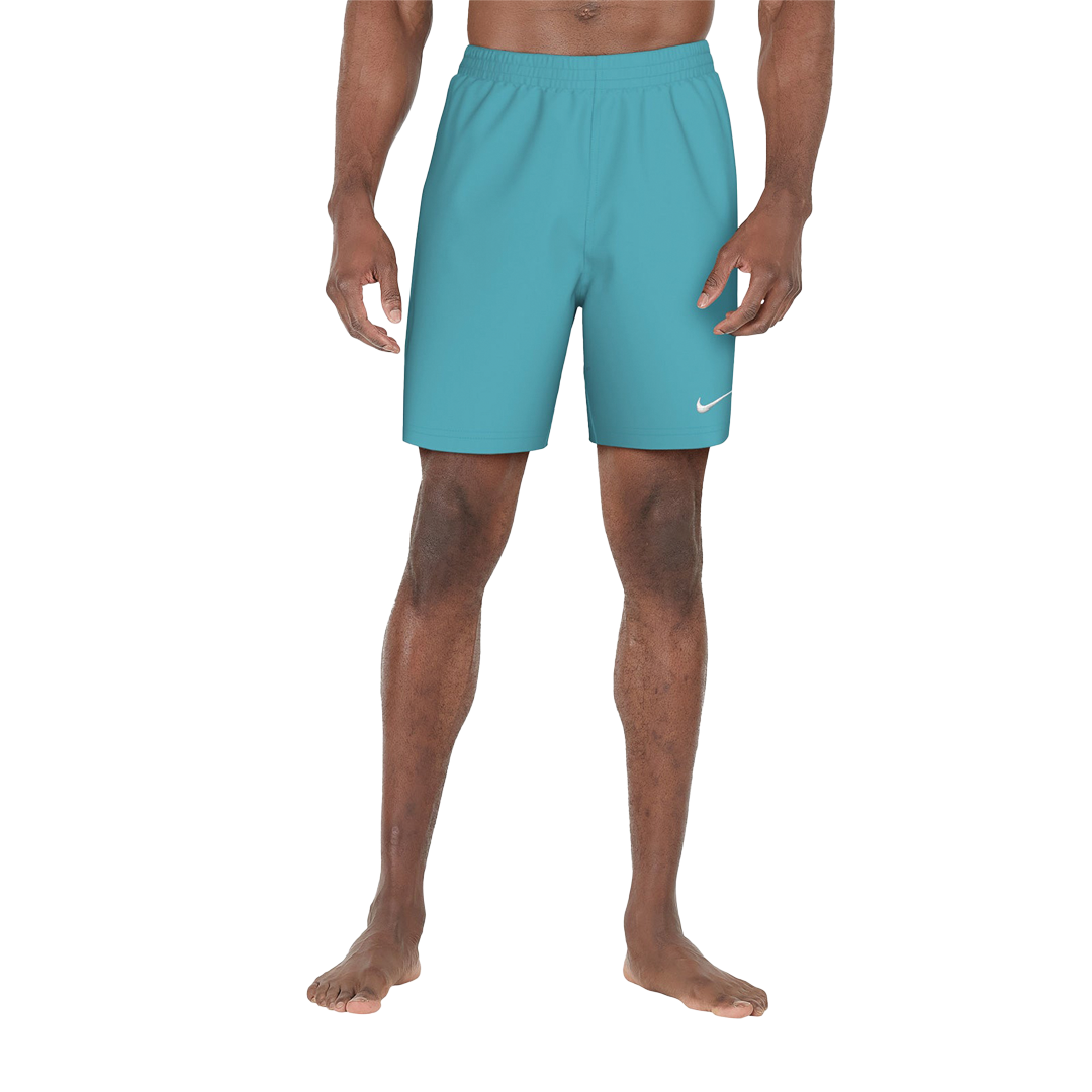 Teal shorts with a Nike logo worn by a person on a white background