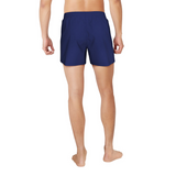 Person wearing blue swim shorts on a white background