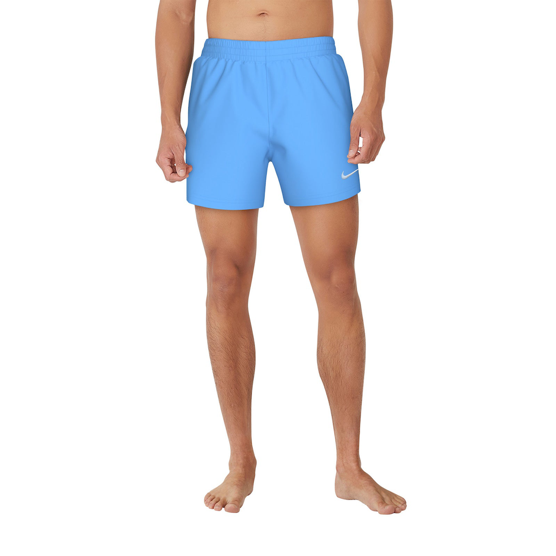Blue swim shorts with a Nike logo on a white background