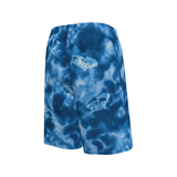 Blue tie-dye shorts with Nike logo on a white background