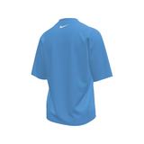 Blue t-shirt with a Nike logo on the back against a white background