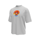 White t-shirt with a colorful graphic on a white background