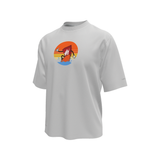 White t-shirt with a colorful graphic on a white background