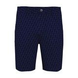 Navy blue shorts with a subtle pattern on a white background