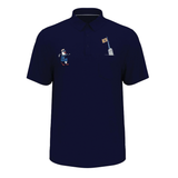 Navy blue polo shirt with embroidered designs on a white background