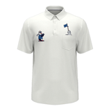 White polo shirt with embroidered designs on a white background
