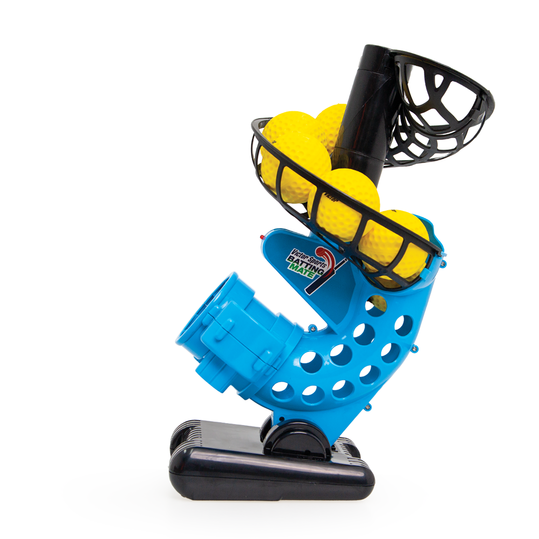 Blue and black pitching machine (angle 3) with yellow balls on a white background