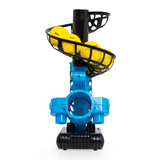Blue and black ball launcher with yellow balls on a white background