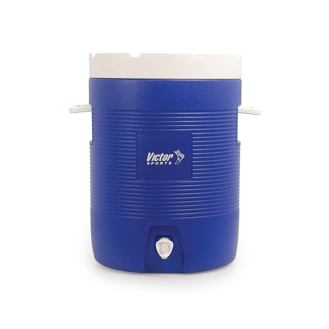 Blue cooler with white lid on a white background