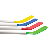 Set of four colorful hockey sticks with different colored ends on a white background