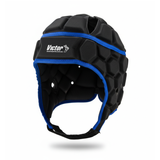 Black protective headgear with blue accents on a white background