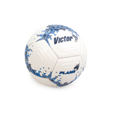 White soccer ball with blue patterns and 'Victor' branding on a white background