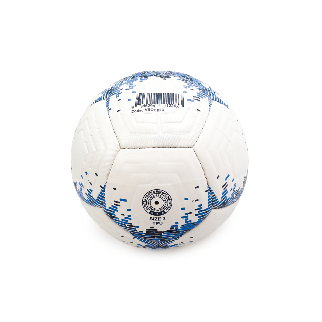 White soccer ball with blue patterns on a white background
