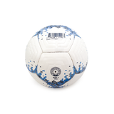 White soccer ball with blue patterns on a white background