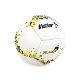 White soccer ball with yellow and black patterns and 'Victor' branding on a white background