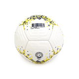 White soccer ball with yellow and black patterns on a white background