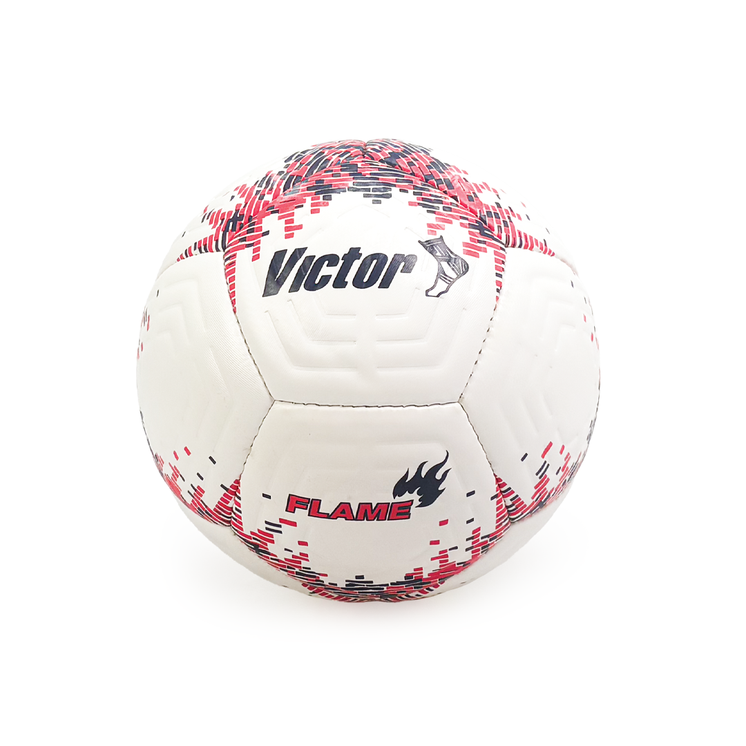 White soccer ball with red and black patterns and 'Victor' branding on a white background