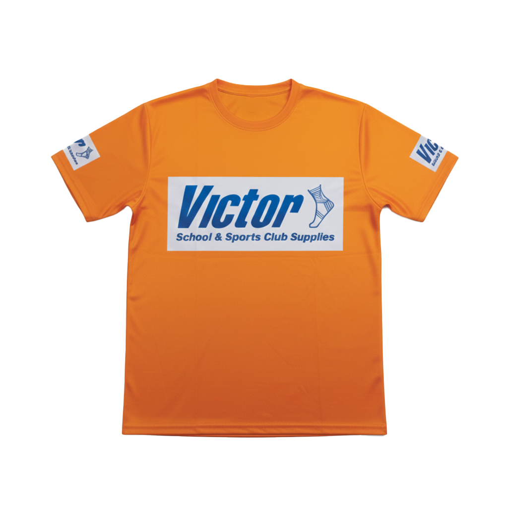 Orange t-shirt with 'Victor' logo on a white background