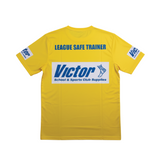 Yellow t-shirt with 'League Safe Trainer' and 'Victor' branding on a white background