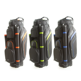 Three golf bags with different color schemes on a white background